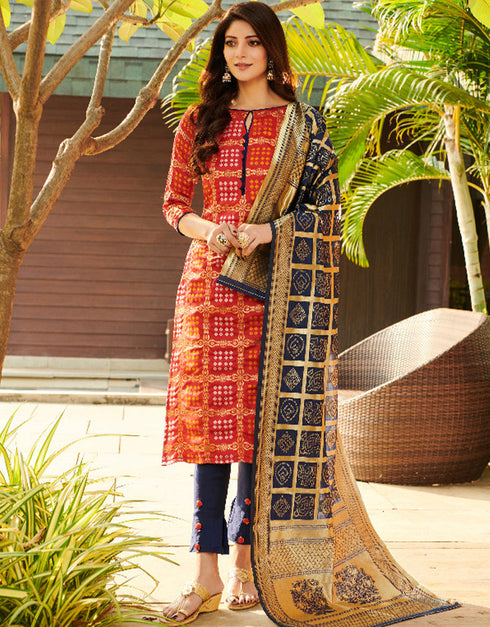 Red Bandhani Silk Blend Pant Salwar Suit
