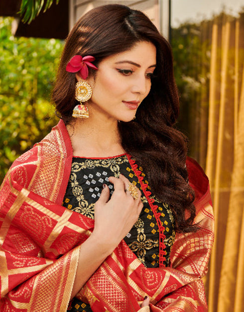 Black Bandhani Silk Blend Chudidar Salwar Suit Closure View