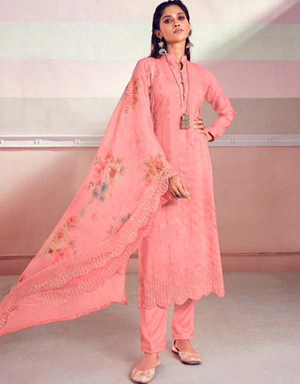 Pink Pant style Suit Pure Maslin Salwar Kameez in Embroidery, Digital Print & Lace Work