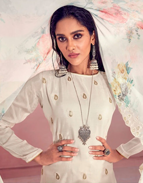White Pant style Suit Pure Maslin Salwar Kameez in Embroidery, Digital Print & Lace Work Closure View