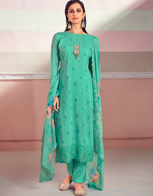 Green Pant style Suit Pure Maslin Salwar Kameez in Embroidery, Digital Print & Lace Work