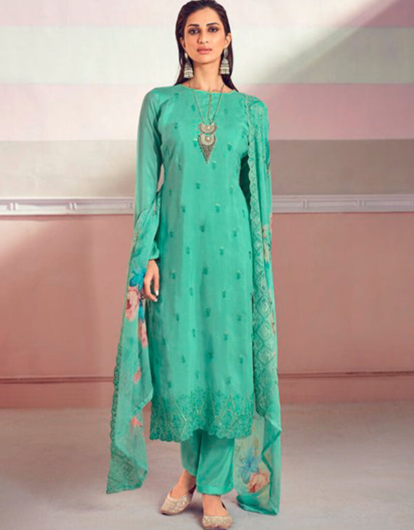 Green Pant style Suit Pure Maslin Salwar Kameez in Embroidery, Digital Print & Lace Work