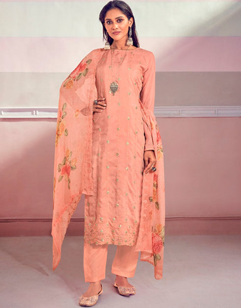 Peach Pant style Suit Pure Maslin Salwar Kameez in Embroidery, Digital Print & Lace Work