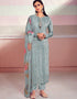 Grey Pant style Suit Pure Maslin Salwar Kameez in Embroidery, Digital Print & Lace Work
