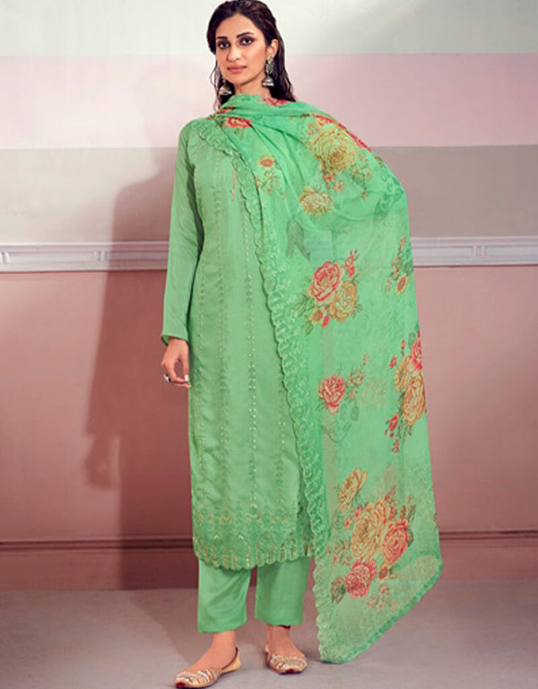 Green Pant style Suit Pure Maslin Salwar Kameez in Embroidery, Digital Print & Lace Work