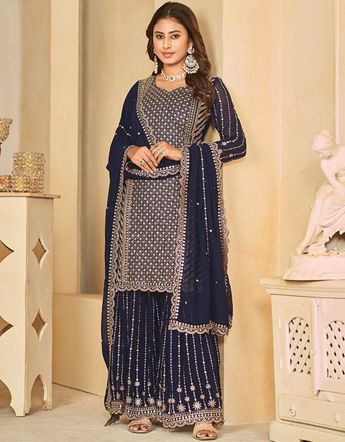 contemporary dark blue faux georgette heavy designer wedding wear salwar suit with dark blue faux georgette df-28-10283 Back View