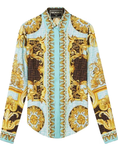 Gold Soft Satin Silk Pant Shirt Close-up View