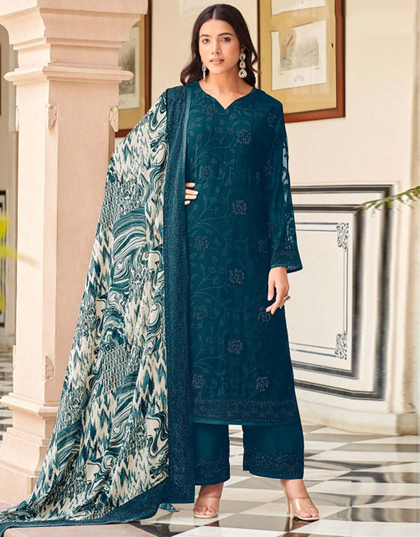 Heavy Designer Wedding Wear Georgette Salwar Suit Blue Whale Georgette Pant Straight Front View