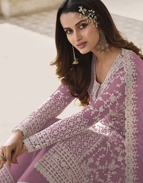 Purple Palazzo style Suit Butterfly Net Salwar Kameez in Cording Embroidery & Lace Work Closure View