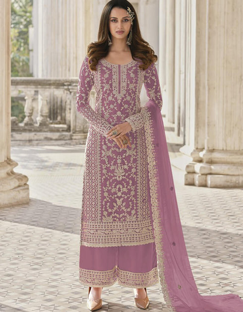 Purple Palazzo style Suit Butterfly Net Salwar Kameez in Cording Embroidery & Lace Work