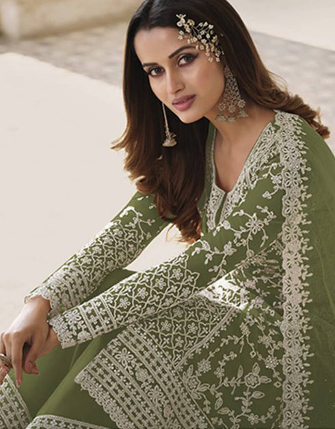 Green Palazzo style Suit Butterfly Net Salwar Kameez in Cording Embroidery & Lace Work Closure View
