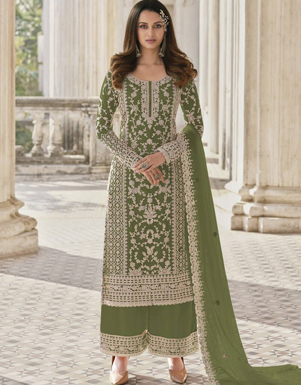 Green Palazzo style Suit Butterfly Net Salwar Kameez in Cording Embroidery & Lace Work