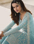 Sky Blue Palazzo style Suit Butterfly Net Salwar Kameez in Cording Embroidery & Lace Work Closure View