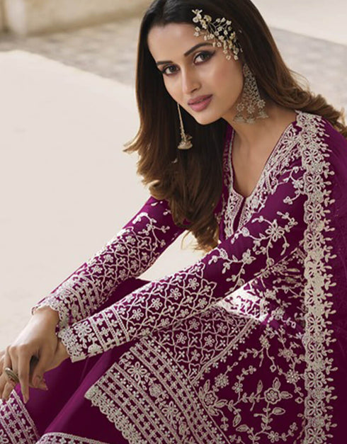 Pink Palazzo style Suit Butterfly Net Salwar Kameez in Cording Embroidery & Lace Work Closure View