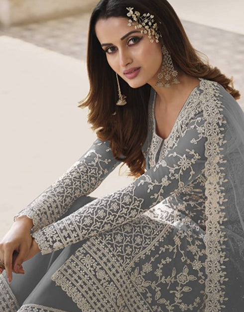 Grey Palazzo style Suit Butterfly Net Salwar Kameez in Cording Embroidery & Lace Work Closure View