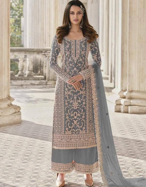 Grey Palazzo style Suit Butterfly Net Salwar Kameez in Cording Embroidery & Lace Work