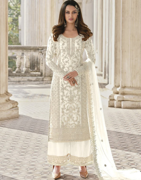 White Palazzo style Suit Butterfly Net Salwar Kameez in Cording Embroidery & Lace Work