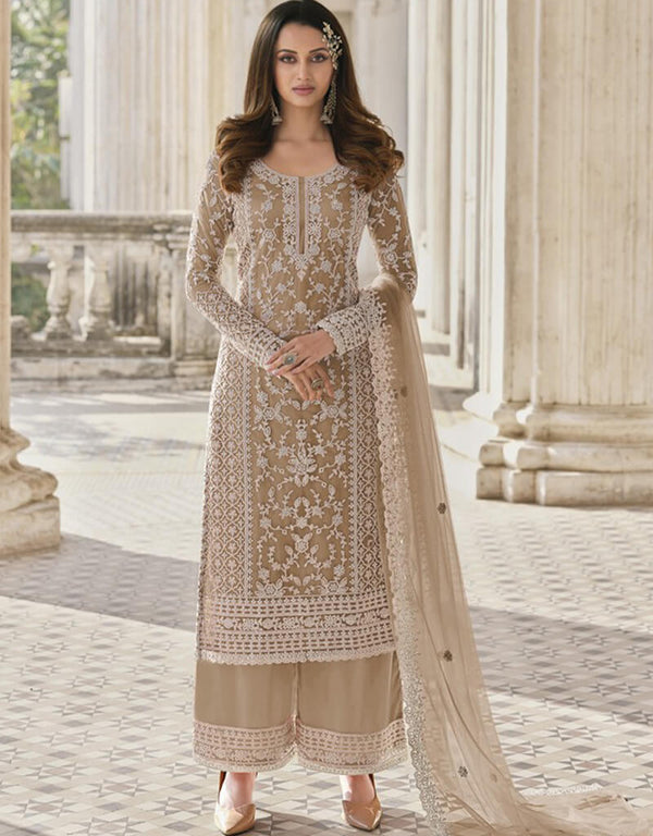 Brown Palazzo style Suit Butterfly Net Salwar Kameez in Cording Embroidery & Lace Work