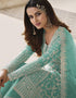 Blue Palazzo style Suit Butterfly Net Salwar Kameez in Cording Embroidery & Lace Work Closure View