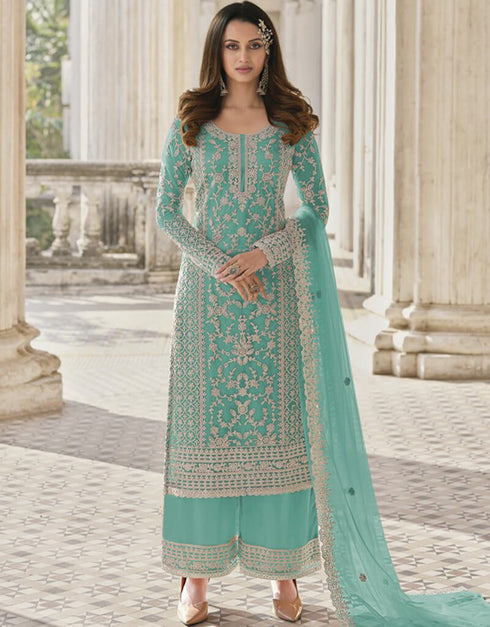 Blue Palazzo style Suit Butterfly Net Salwar Kameez in Cording Embroidery & Lace Work