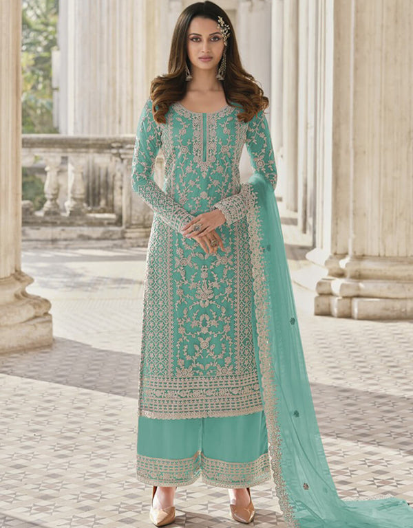 Blue Palazzo style Suit Butterfly Net Salwar Kameez in Cording Embroidery & Lace Work