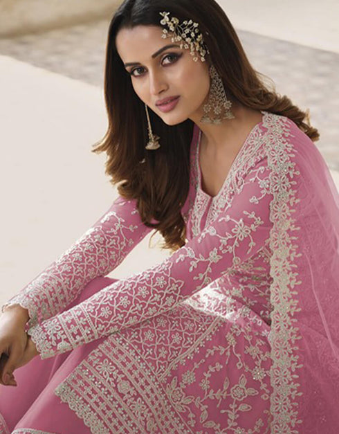 Pink Palazzo style Suit Butterfly Net Salwar Kameez in Cording Embroidery & Lace Work Closure View