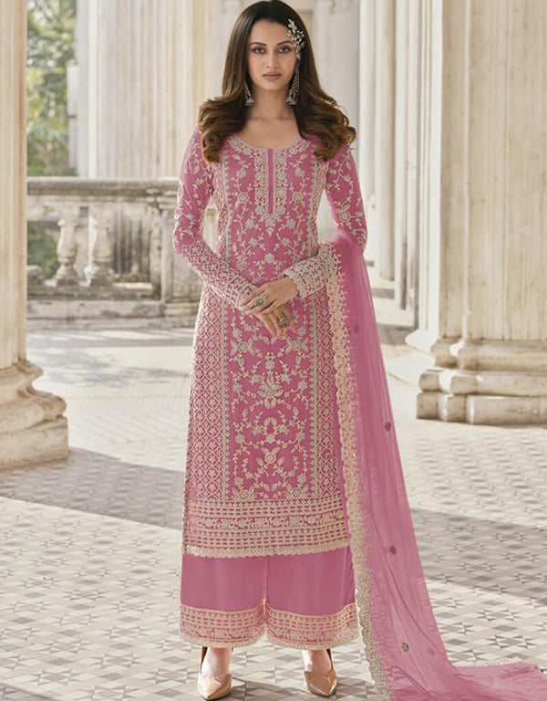 Pink Palazzo style Suit Butterfly Net Salwar Kameez in Cording Embroidery & Lace Work
