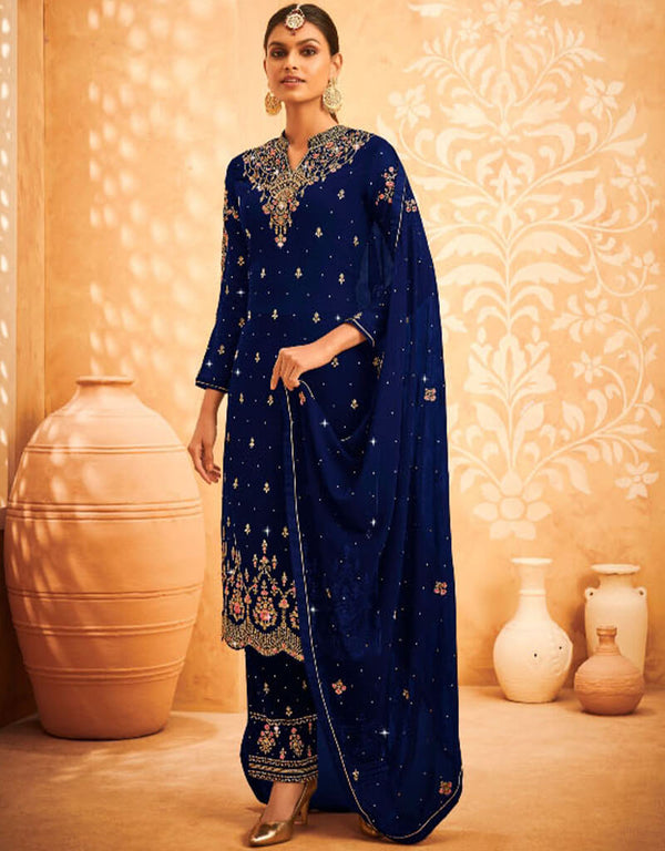 Blue Palazzo style Suit Faux Georgette Salwar Kameez in Embroidery, Stone & Lace Work