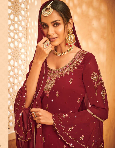 Red Palazzo style Suit Faux Georgette Salwar Kameez in Embroidery, Stone & Lace Work Closure View