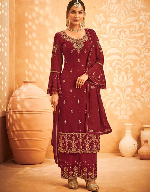 Red Palazzo style Suit Faux Georgette Salwar Kameez in Embroidery, Stone & Lace Work