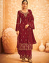Red Palazzo style Suit Faux Georgette Salwar Kameez in Embroidery, Stone & Lace Work