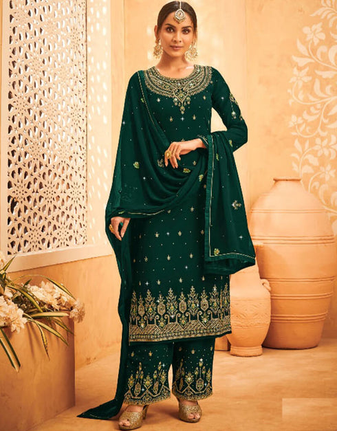 Green Palazzo style Suit Faux Georgette Salwar Kameez in Embroidery, Stone & Lace Work