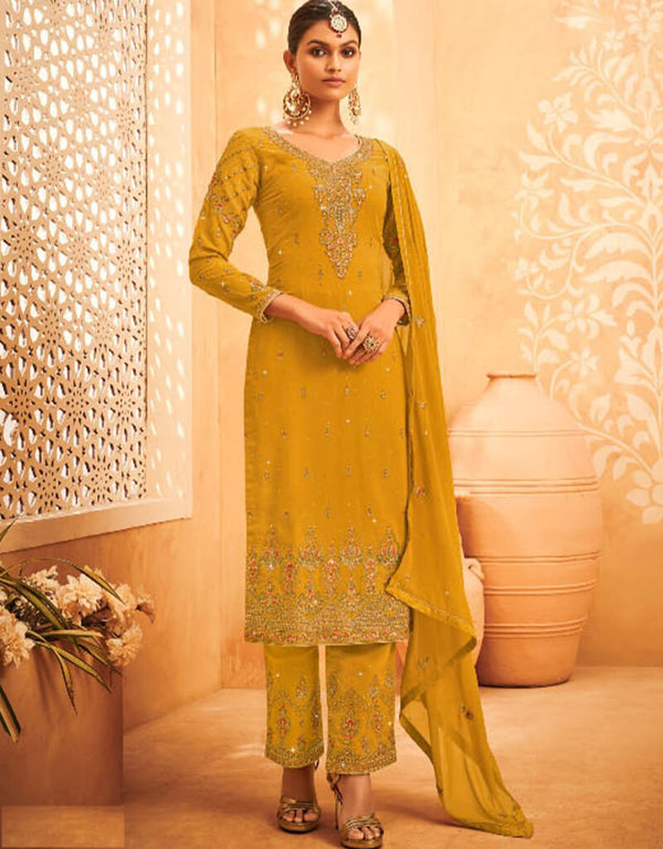 Yellow Palazzo style Suit Faux Georgette Salwar Kameez in Embroidery, Stone & Lace Work