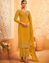 Yellow Palazzo style Suit Faux Georgette Salwar Kameez in Embroidery, Stone & Lace Work