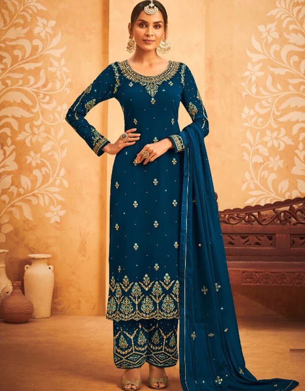 Blue Palazzo style Suit Faux Georgette Salwar Kameez in Embroidery, Stone & Lace Work