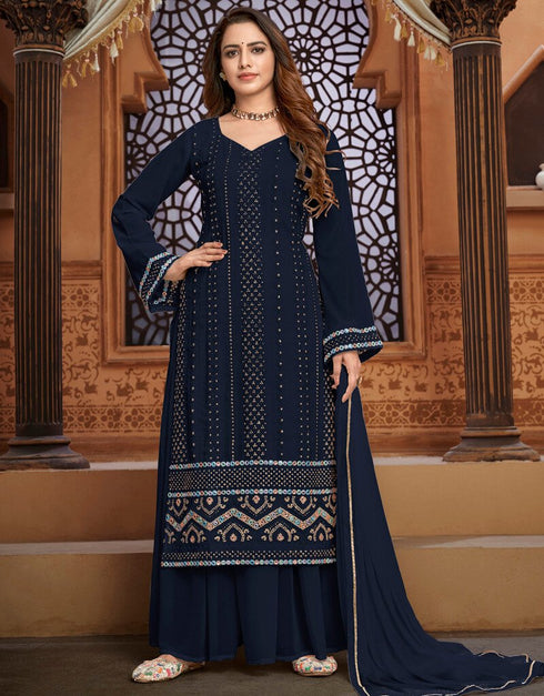 Navy Blue Palazzo style Dress Faux Georgette Salwar Kameez in Embroidery, Foil Mirror & Lace Work