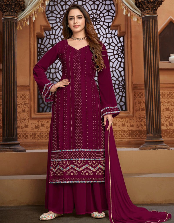 Purple Palazzo style Dress Faux Georgette Salwar Kameez in Embroidery, Foil Mirror & Lace Work