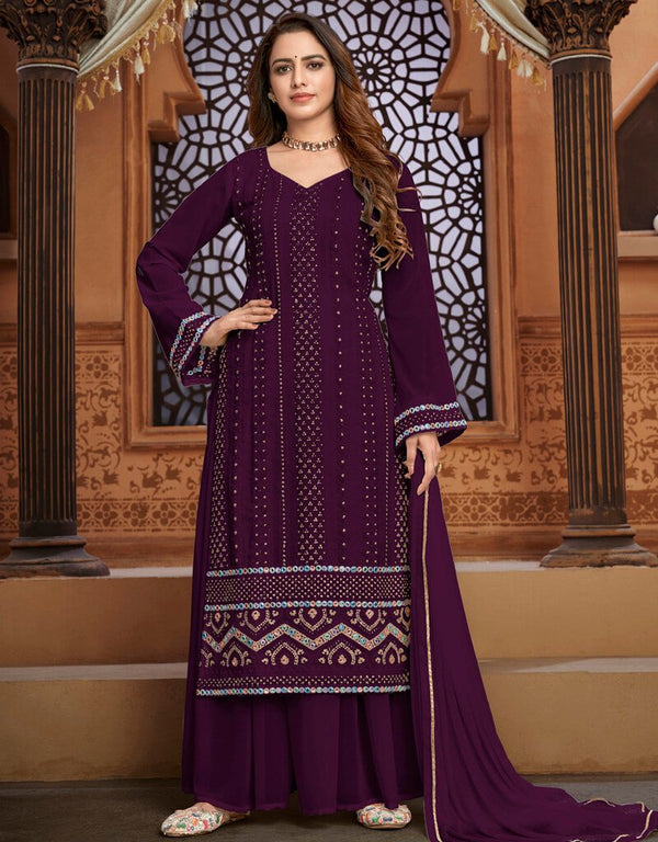 Dark Purple Palazzo style Dress Faux Georgette Salwar Kameez in Embroidery, Foil Mirror & Lace Work