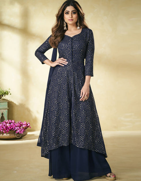 Blue Sharara style Suit Faux Georgette Salwar Kameez in Embroidery, Sequins & Lace Work