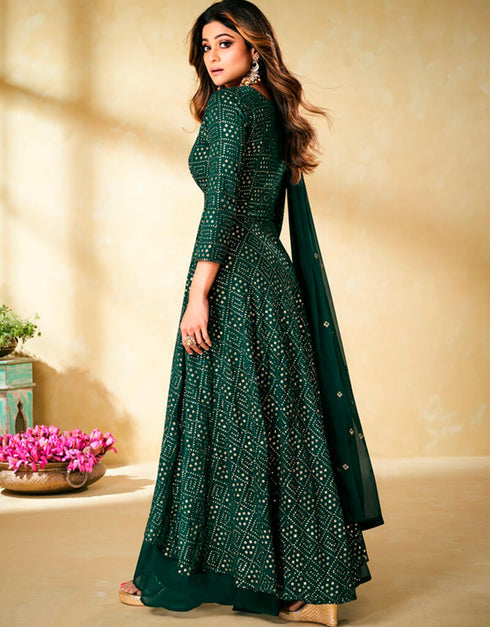 Green Sharara style Suit Faux Georgette Salwar Kameez in Embroidery, Sequins & Lace Work Closure View