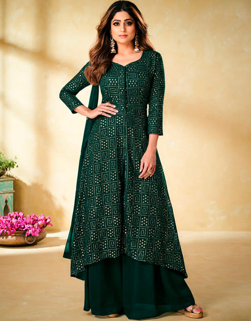 Green Sharara style Suit Faux Georgette Salwar Kameez in Embroidery, Sequins & Lace Work