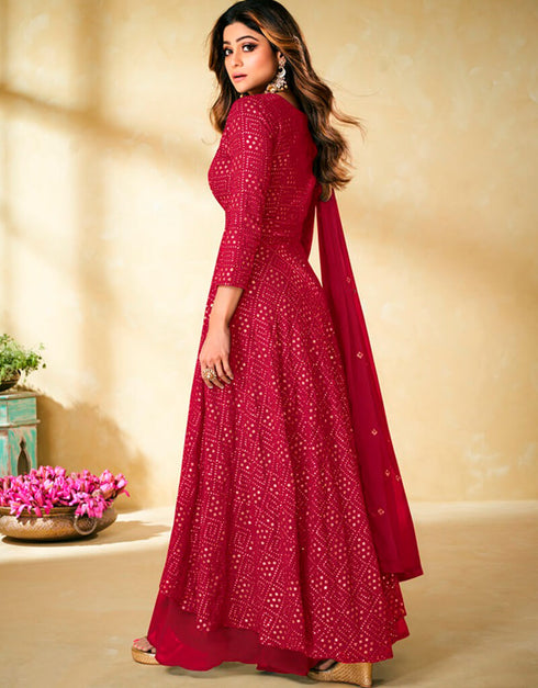 Red Sharara style Suit Faux Georgette Salwar Kameez in Embroidery, Sequins & Lace Work Closure View