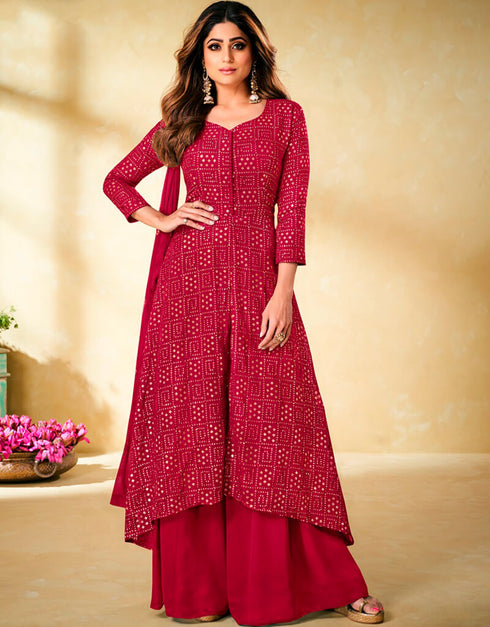 Red Sharara style Suit Faux Georgette Salwar Kameez in Embroidery, Sequins & Lace Work