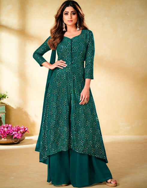 Blue Sharara style Suit Faux Georgette Salwar Kameez in Embroidery, Sequins & Lace Work