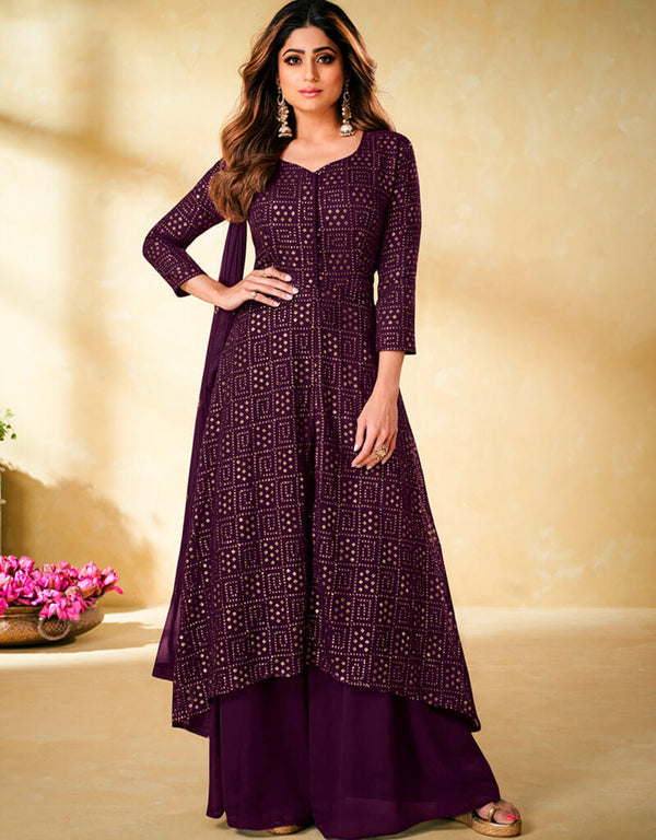 Purple Sharara style Suit Faux Georgette Salwar Kameez in Embroidery, Sequins & Lace Work