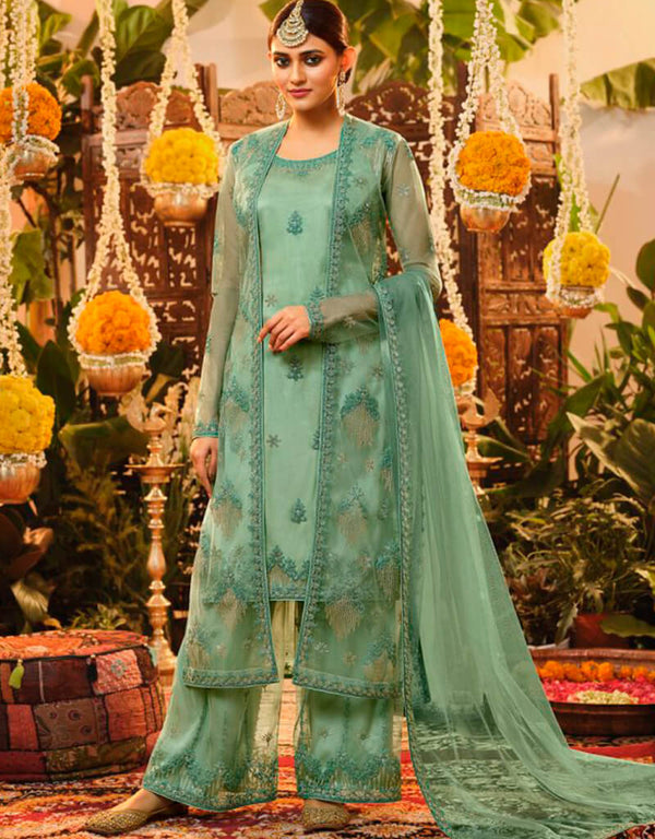 Green Palazzo style Suit Semi-Stitched Suits Salwar Kameez in Embroidery, Sequins & Lace Work