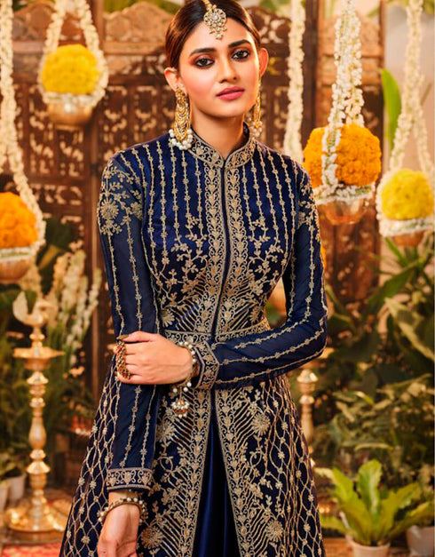 Blue Palazzo style Suit Semi-Stitched Suits Salwar Kameez in Embroidery, Sequins & Lace Work Closure View