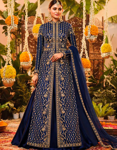 Blue Palazzo style Suit Semi-Stitched Suits Salwar Kameez in Embroidery, Sequins & Lace Work