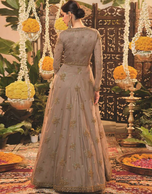 Brown Anarkali style Suit Semi-Stitched Suits Salwar Kameez in Embroidery, Sequins & Lace Work Closure View