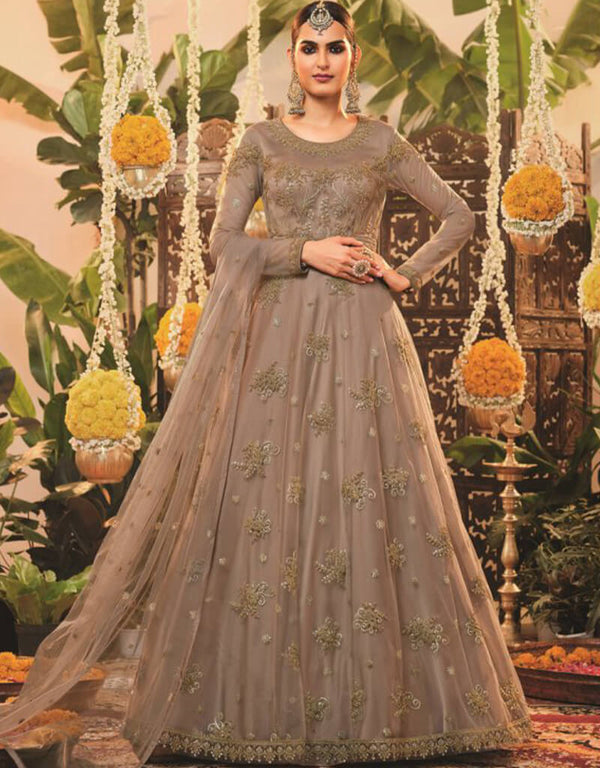 Brown Anarkali style Suit Semi-Stitched Suits Salwar Kameez in Embroidery, Sequins & Lace Work